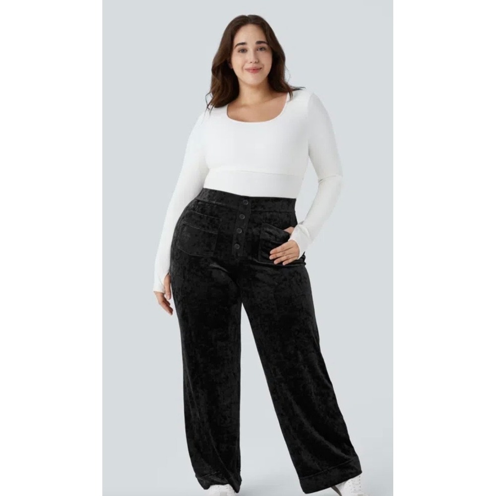 Halara Black Crush Velvet Wide Leg Pants High Waisted Button Fly Petite XL Goth